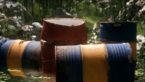 Rusty-barrels-in-green-forest
